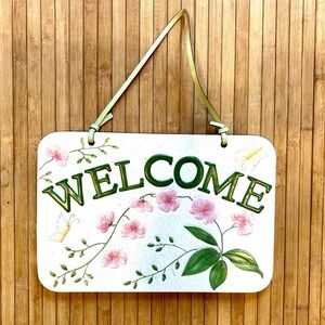 Inviting Ceramic Door Hanger "WELCOME"  with leather strap - Cream, Green & Pink